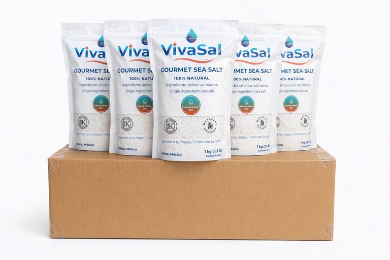 Five bags of VivaSal gourmet sea salt products displayed on top of a brown cardboard box