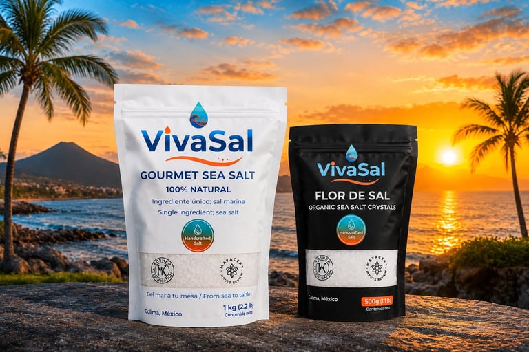 Two VivaSal gourmet sea salt product packages displayed against a tropical sunset background with palm trees and ocean.