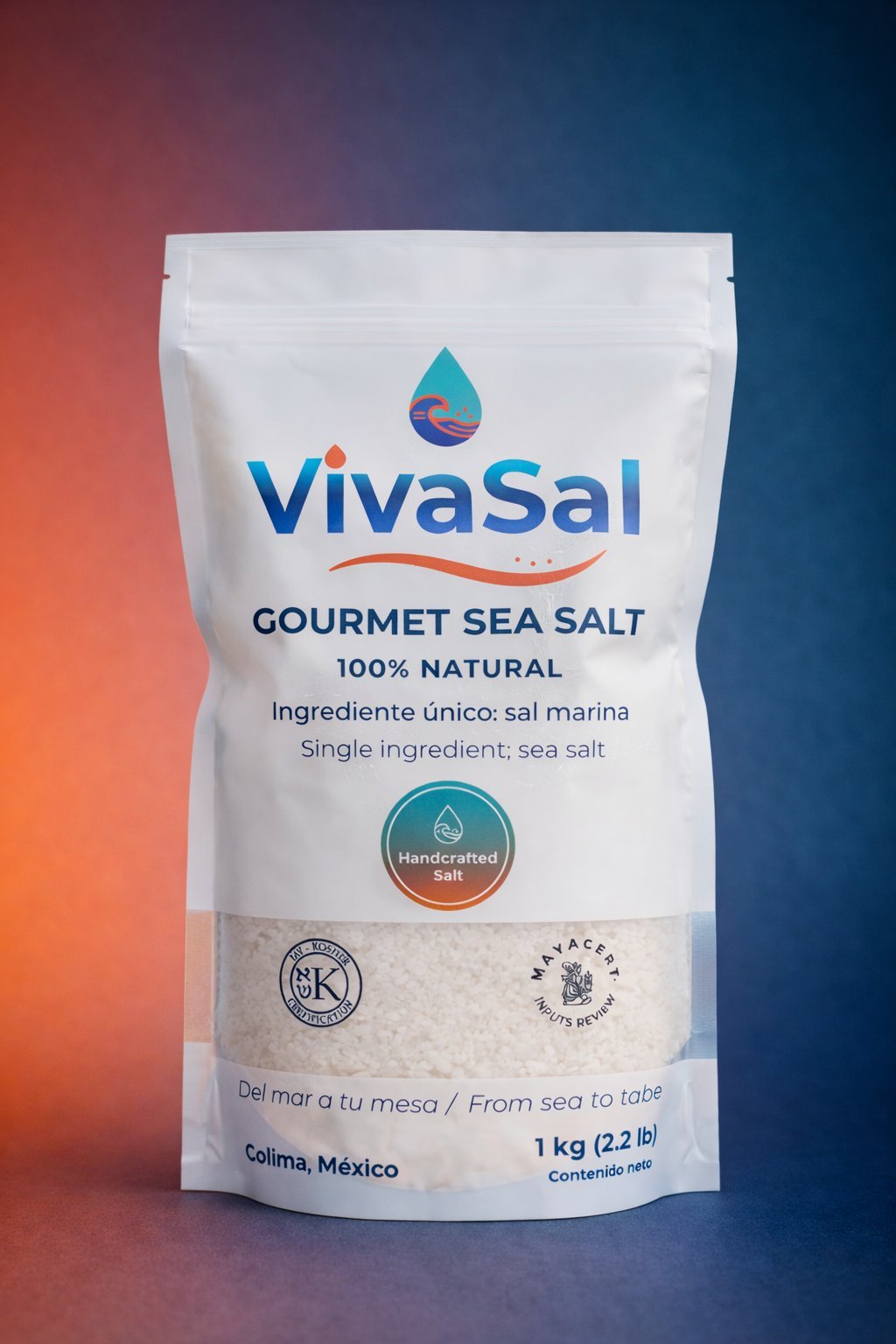 VivaSal gourmet sea salt 1 kg package, 100% natural, against gradient orange and blue background