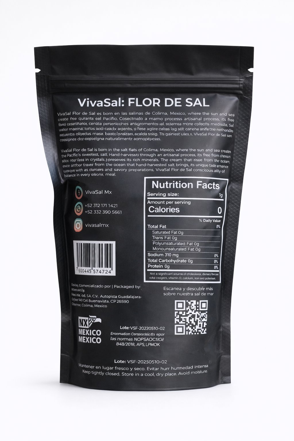 Black resealable pouch of VivaSal Flor de Sal sea salt from Mexico with nutrition facts label and product information