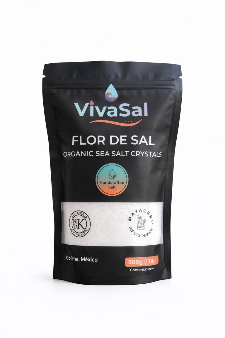 VivaSal Flor de Sal organic sea salt crystals package, 500g, from Colima Mexico