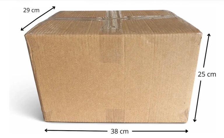 Cardboard shipping box with dimensions labeled: 38 cm width, 29 cm depth, and 25 cm height