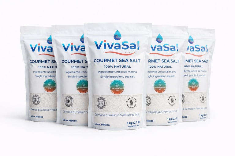 Five pouches of Vivasal gourmet sea salt displayed in a row, showing product packaging with blue branding and natural sea salt contents