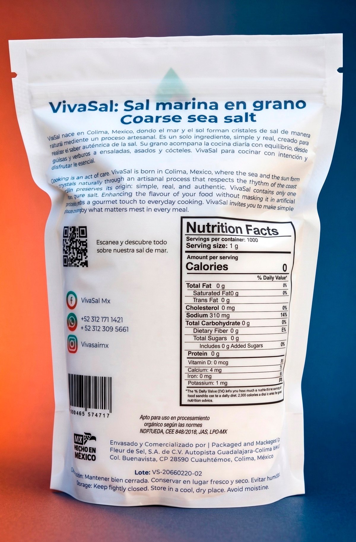 VivaSal sea salt package from Mexico with bilingual text, nutrition facts label, and QR code on colorful background