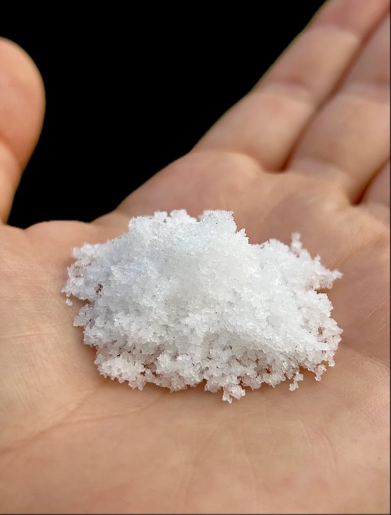 White crystalline powder or sea salt pile resting in an open human palm against a dark background